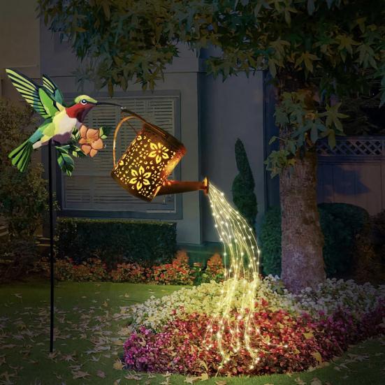Solar Watering Can Garden Light Metal Hollow-Out Hummingbird Decorative Light Outdoor Spike Lamp for Lawn Pathway Patio