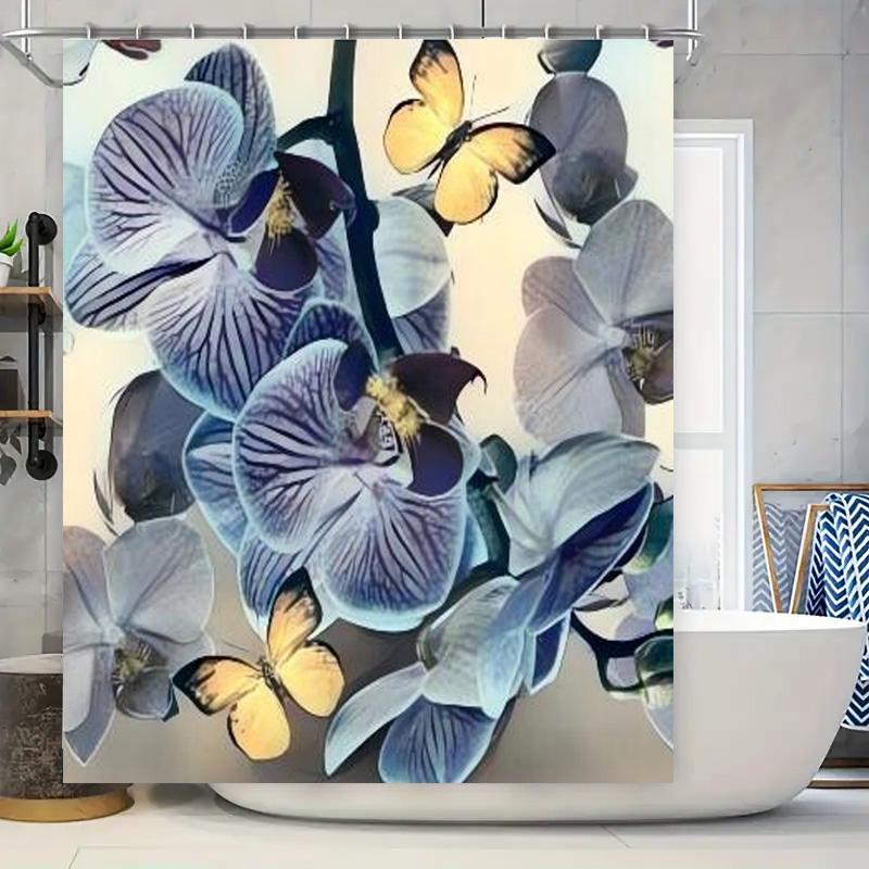 

Luxury Blue Butterfly Orchid Shower Curtain Bathroom Decor Waterproof Fabric For Bathtub Sink Area Modern Floral Design With 12 W60H190(CM)-1 Pcs