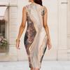 Women Plus Size Round Neck Sleeveless Multicolor Printed Bodycon Midi Dress