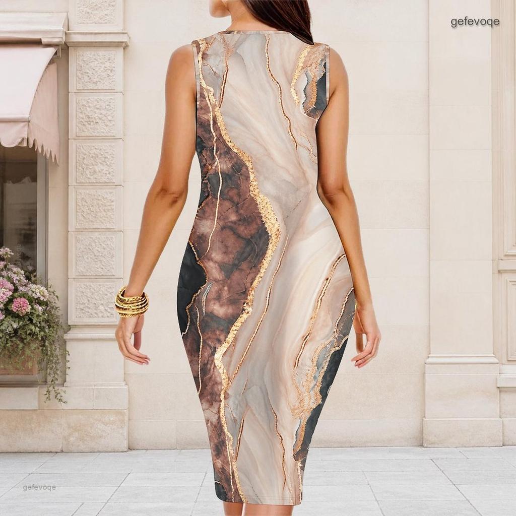 Women Plus Size Round Neck Sleeveless Multicolor Printed Bodycon Midi Dress