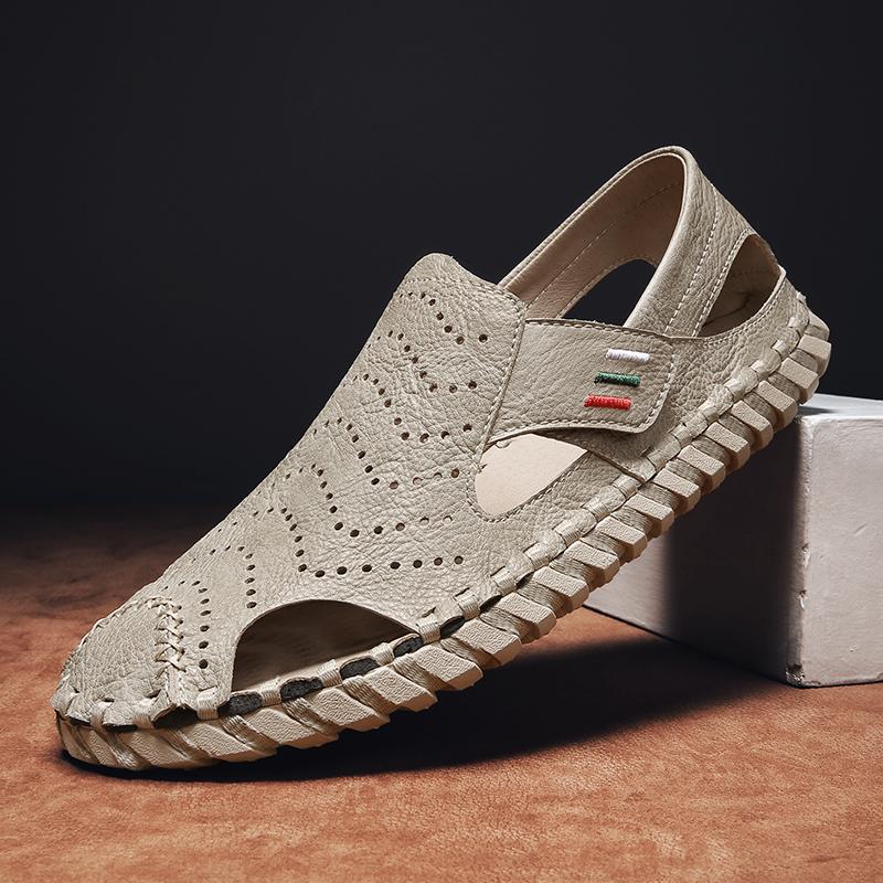 Fashion Men Handmade Sandals PU Solid Color Hollow Soft Sole Business Casual Sandals Comfortable Breathable Non Slip Beach Shoes