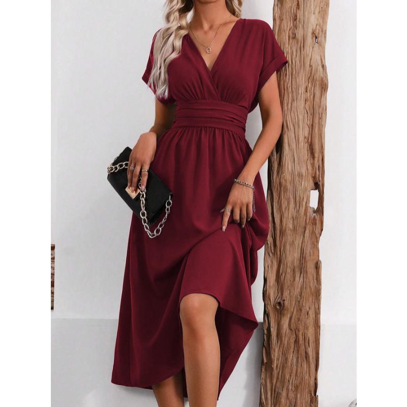 New Women's Elegant Solid Color Batwing Sleeve Maxi Dress, Overlap V-Neck Waist Pleated Long Dress for Summer Casual & Formal Occasions