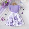 Exklusiv für Mädchen Süßes und damenhaftes Blumenmuster Flatterärmel Ärmelloses Kleid mit Gürtel
