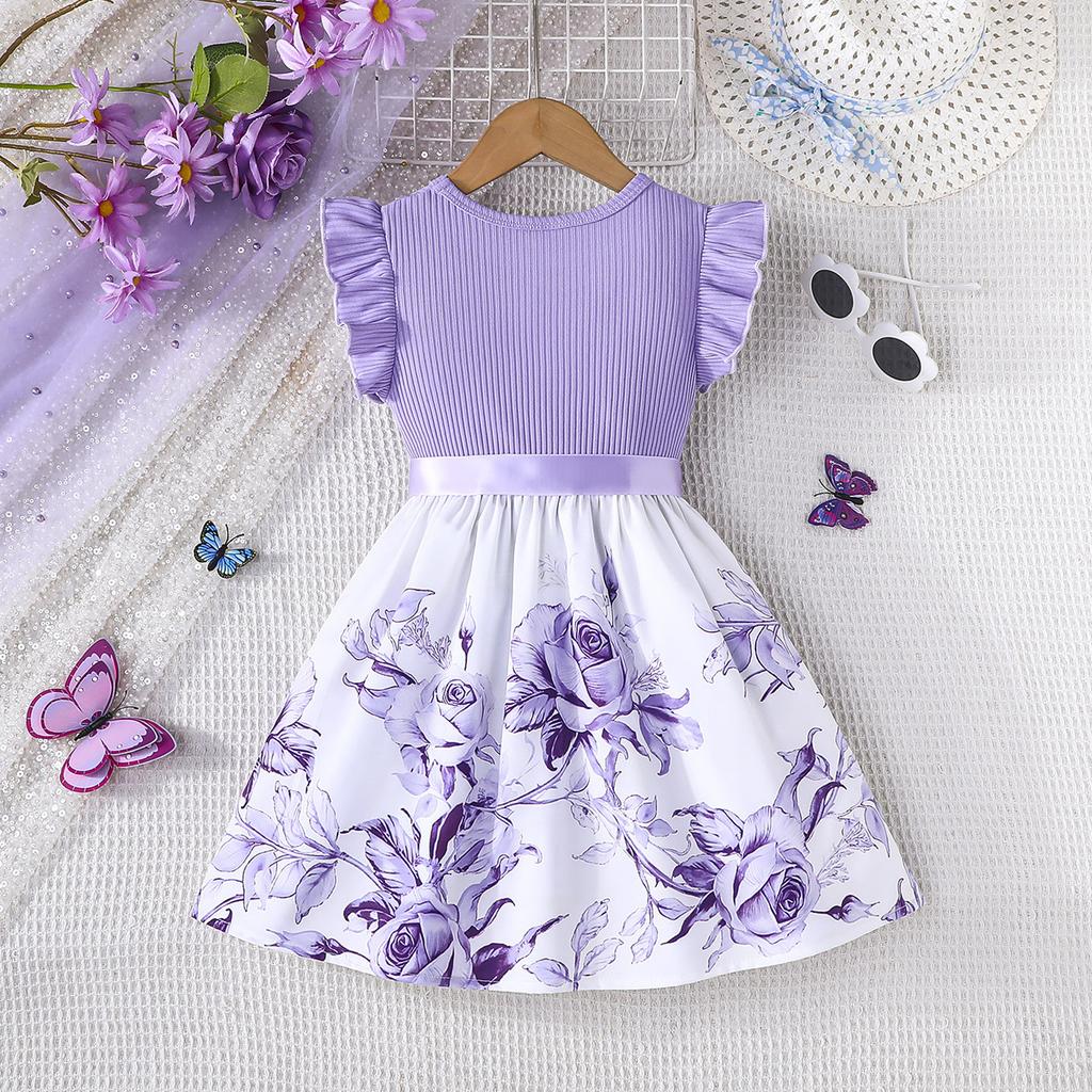 Exklusiv für Mädchen Süßes und damenhaftes Blumenmuster Flatterärmel Ärmelloses Kleid mit Gürtel