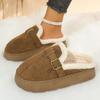Fashion Warm Short Plush Mules Slippers Women 2025 Winter Soft Thick Bottom Fluffy Fur Casual Shoes Metal Buckle Corduroy Home Slippers