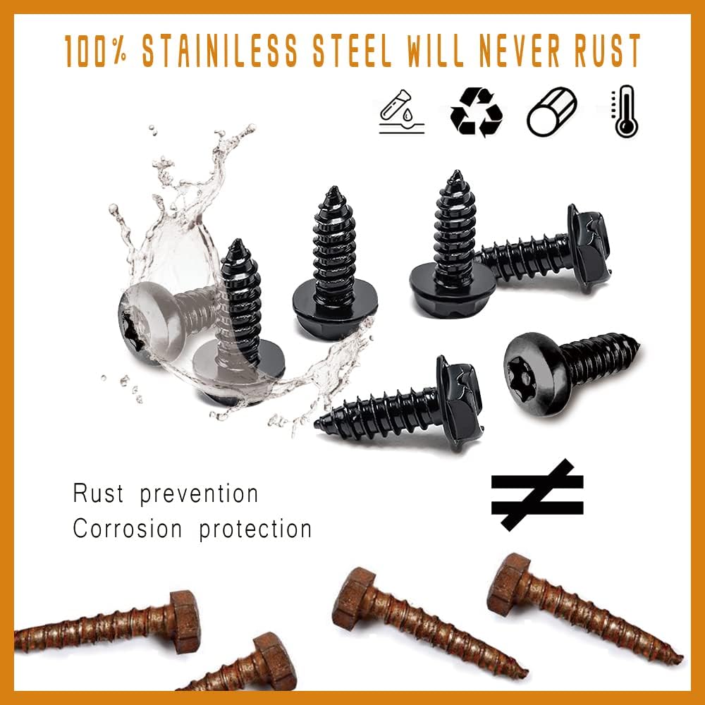 4 Set Black Anti Theft License Plate Screws Kits, Rustproof Stainless Steel Car Tag Plate Mounting Hardware, M6 (1/4") Tamper Proof Screws for Front