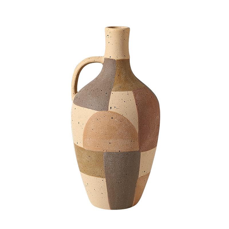 Ceramic Vase Checkered Color-blocked Geometric Handle Pot Ceramic Bottle Flower Vase Home Decoration Accessories