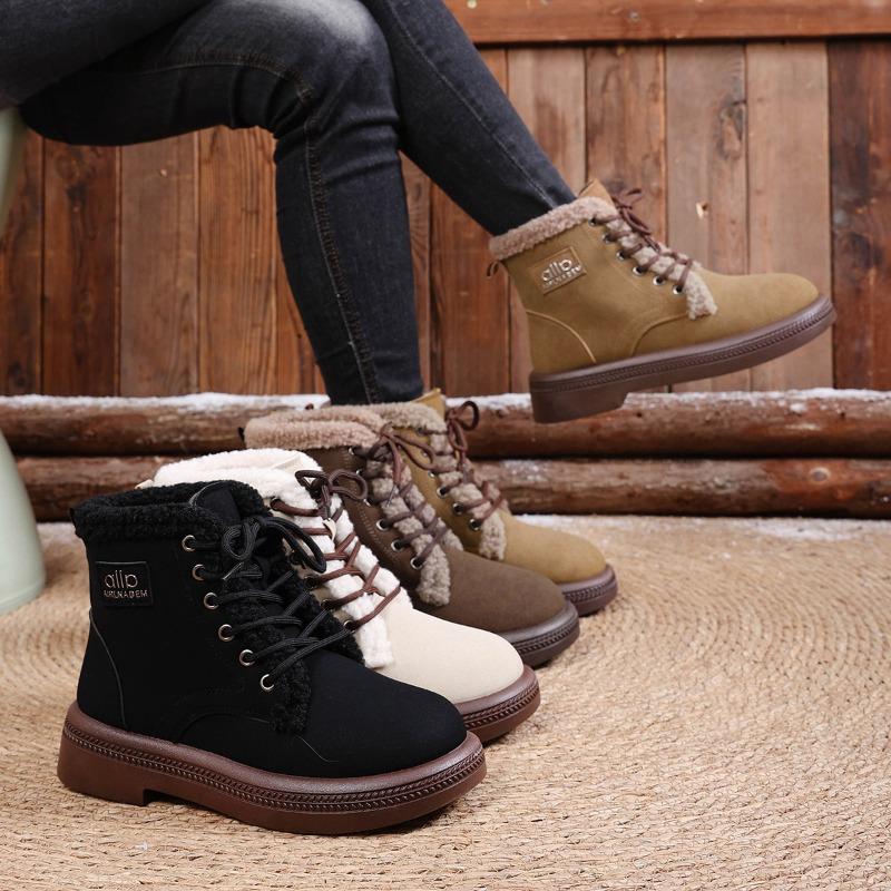 Women's Wide Width Front Lace-Up Martin Boots - Winter Warm Fleece Lined Ankle Boots, Fashion Casual Boots for Fall