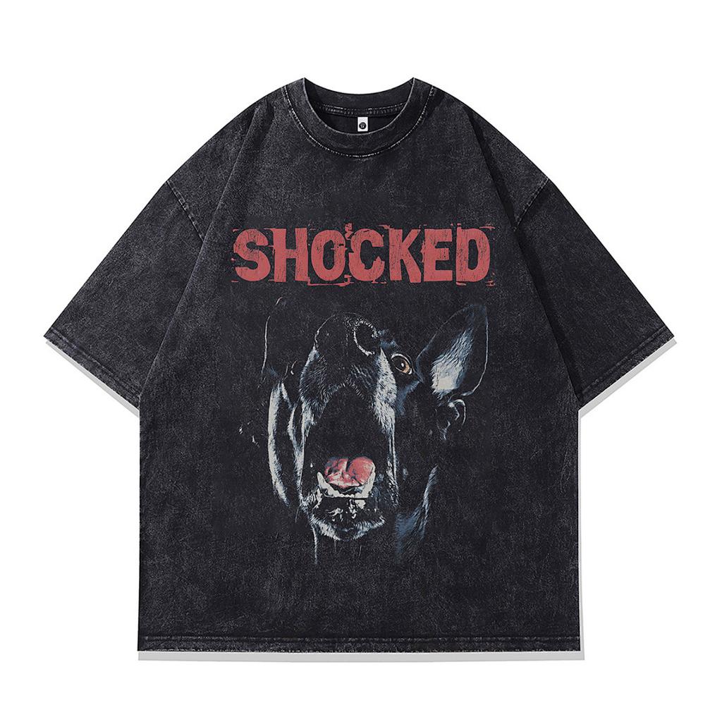Summer Men'S Trendy Brand Short-Sleeved T-Shirt American High Street Vintage Doberman Print Fried Color T-Shirt