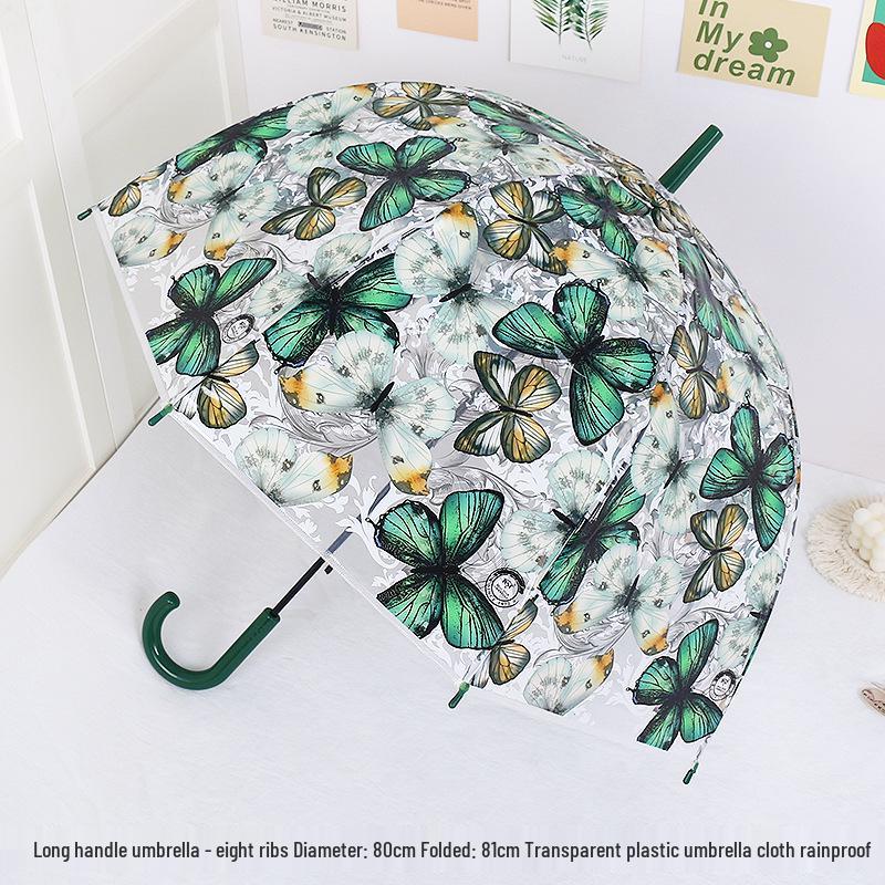 Japanese Forest Style Transparent Cherry Blossom Umbrella with Arched Long Handle for Students