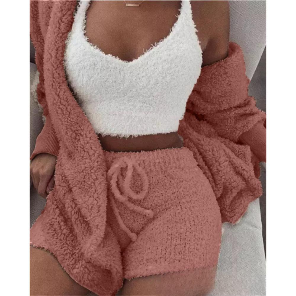 Women's Loose Fit Three Piece Loungewear Long Sleeve Fuzzy Cardigan V Neck Tank Drawstring Waist Shorts Winter Solid Tracksuit