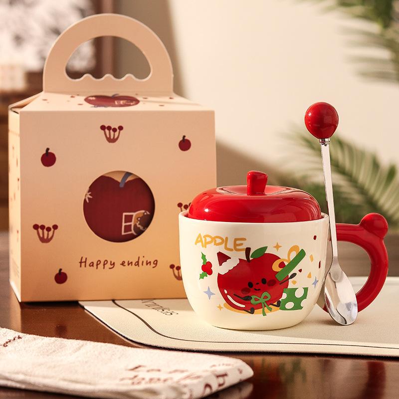 Apple High-value Water Cup Girls Ceramic Mug with Lid Christmas Coffee Breakfast Cup Birthday Gift Souvenir