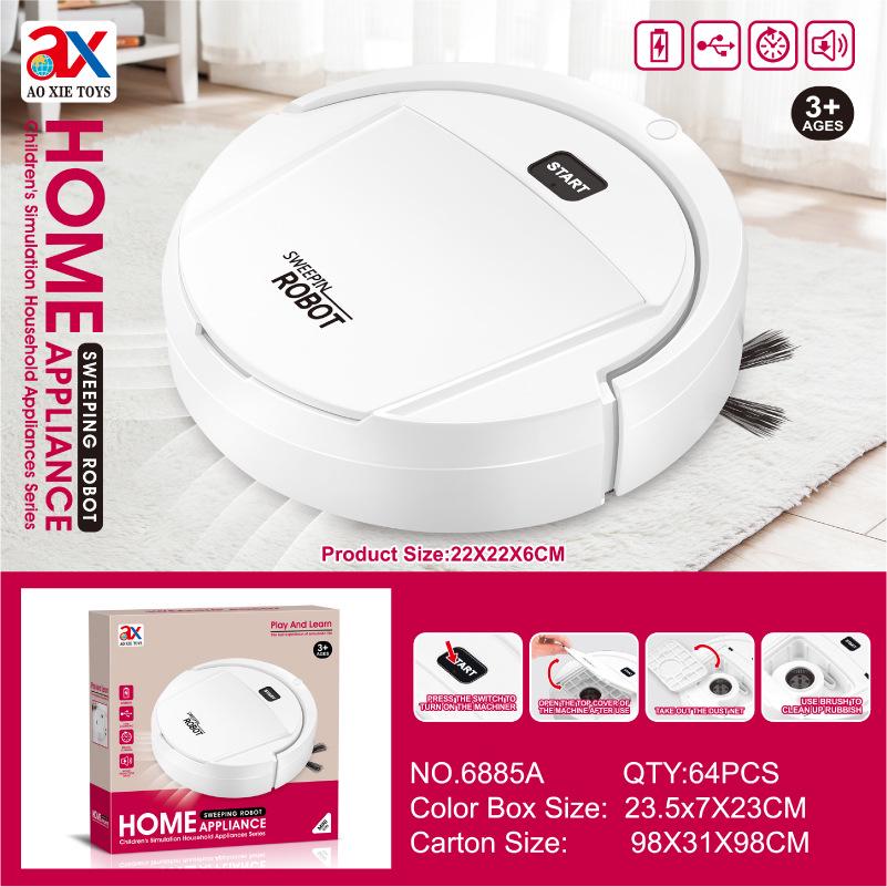 Children's Play Set: Includes Toy Washing Machine, Robot Vacuum, Sewing Machine, Juice Maker, and Cooking Kitchen Appliances.