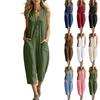 Women's Sleeveless V Neck Jumpsuit Loose Fit Wide Leg Casual Capri Romper with Button Front and Pockets