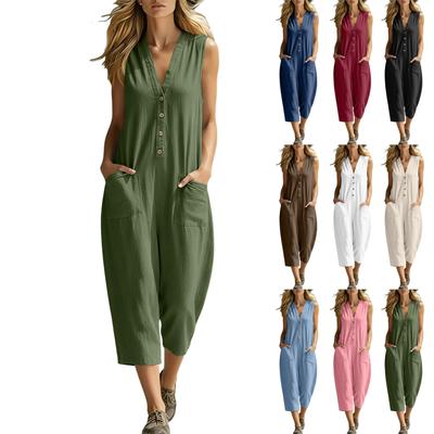 Women's Sleeveless V Neck Jumpsuit Loose Fit Wide Leg Casual Capri Romper with Button Front and Pockets