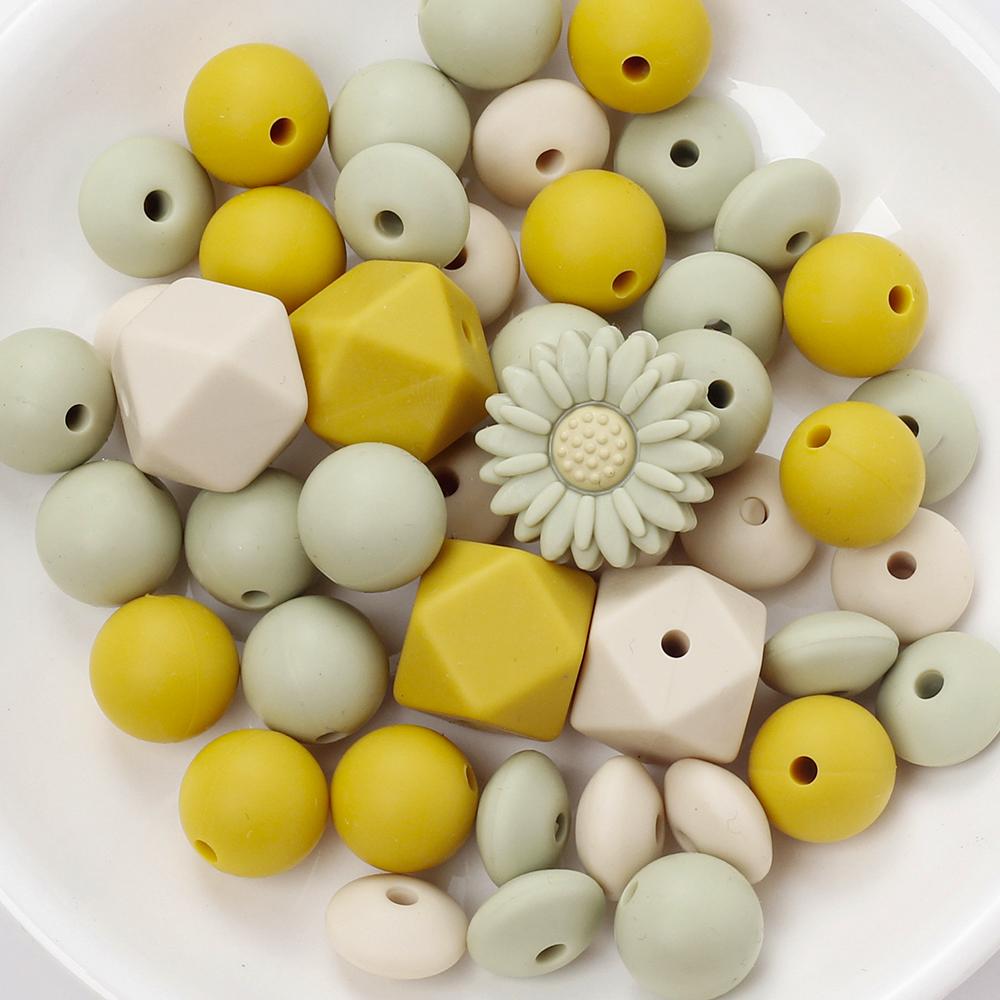 60Pcs Silicone Beads Set Flower Octagonal Round Teething Beads For DIY Handmade Baby Necklace Bracelet Pacifier Chain Accessorie