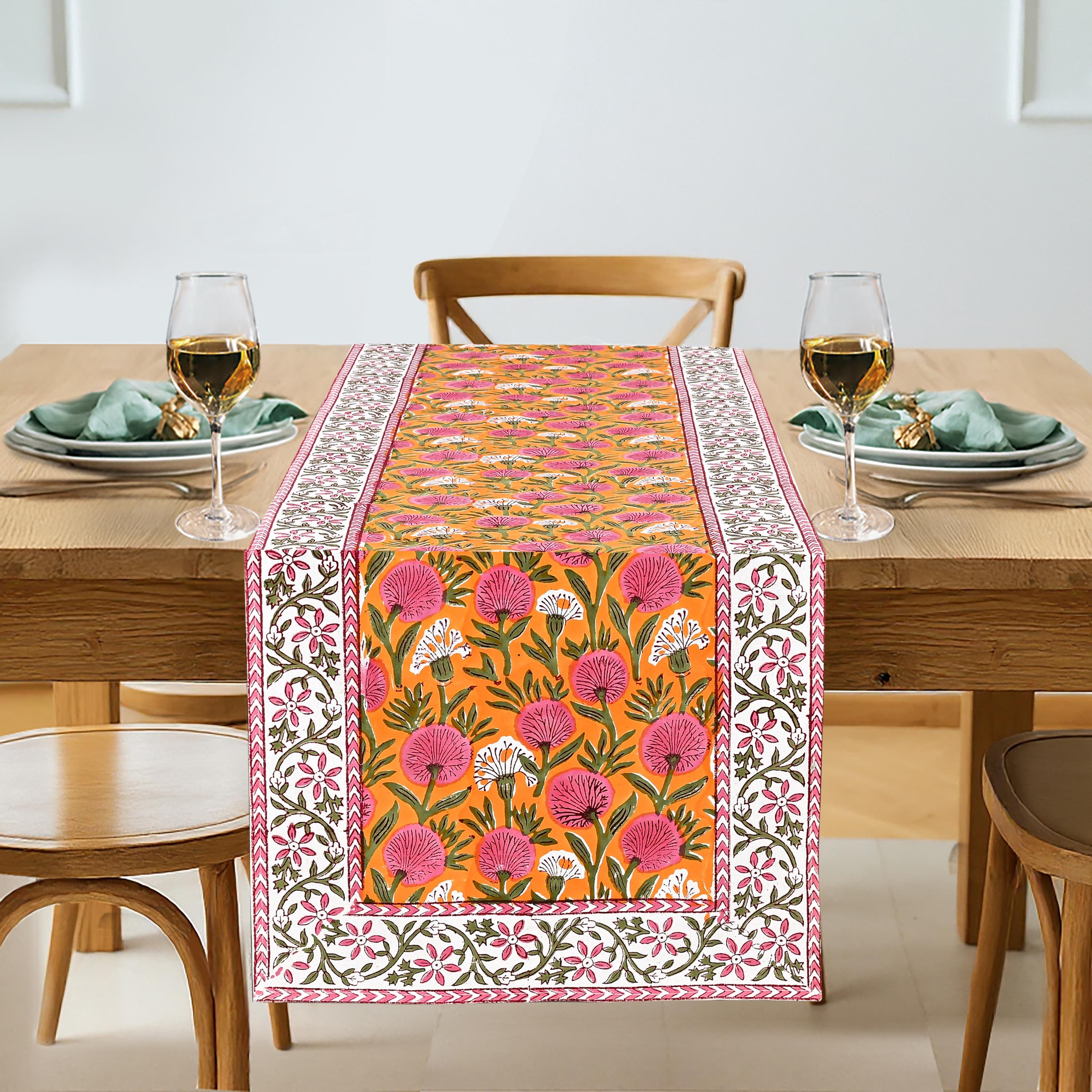 Boho Indian Hand Block Printed Table Runner - Tangerine Orange Cotton, Reusable for Weddings, Kitchen Styling & Home Decor 33x180cm