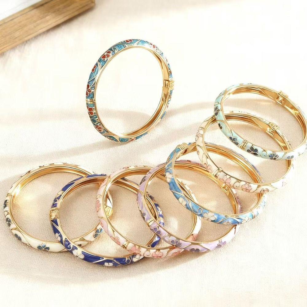 Chinese Vintage Cloisonne Bangle Traditional Women's Hand Bracelet Hollow Out Flower Bangle Girls