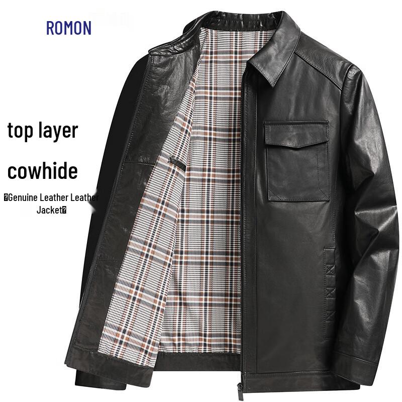 

Romon Men s Top-Grain Cowhide Leather Lapel Jacket L