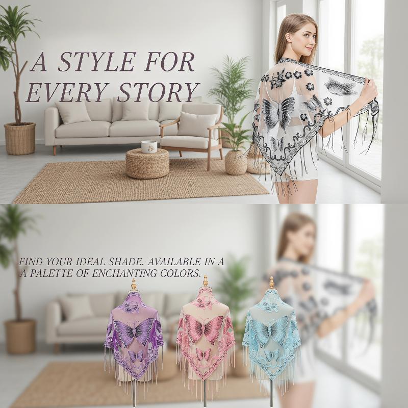 Luxury Flower Lace Hollow Scarf Butterfly Print Tassel Triangle Shawl Wraps Polyester Mesh Scarves Bridal