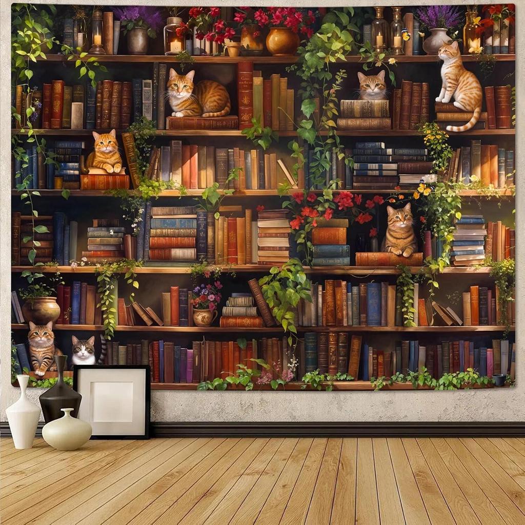 Botanical Bookcase Tapestry with Plant Cat by Accnicc