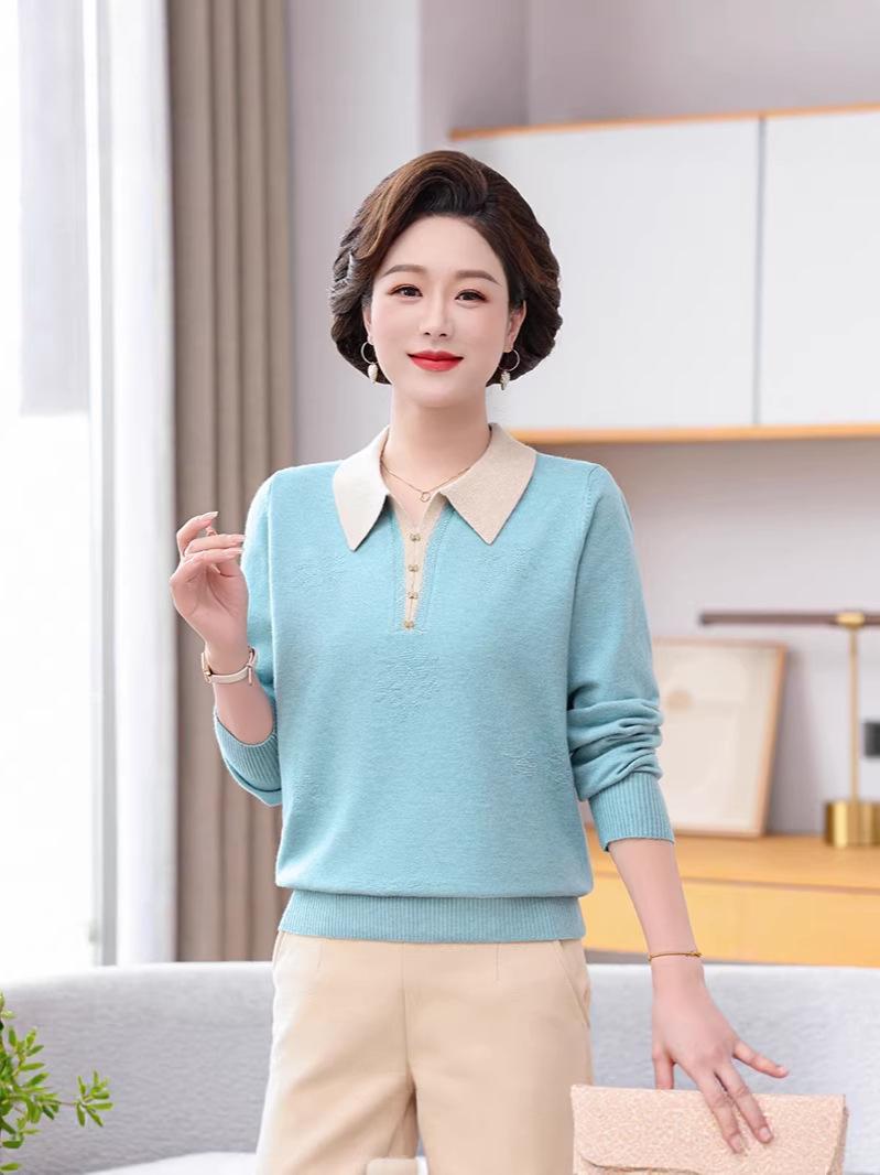 

Mom s 2026 Autumn Lapel Knit Top: Stylish Sweater Set for Middle-Aged & Elderly Women L (105-120 jin) синий