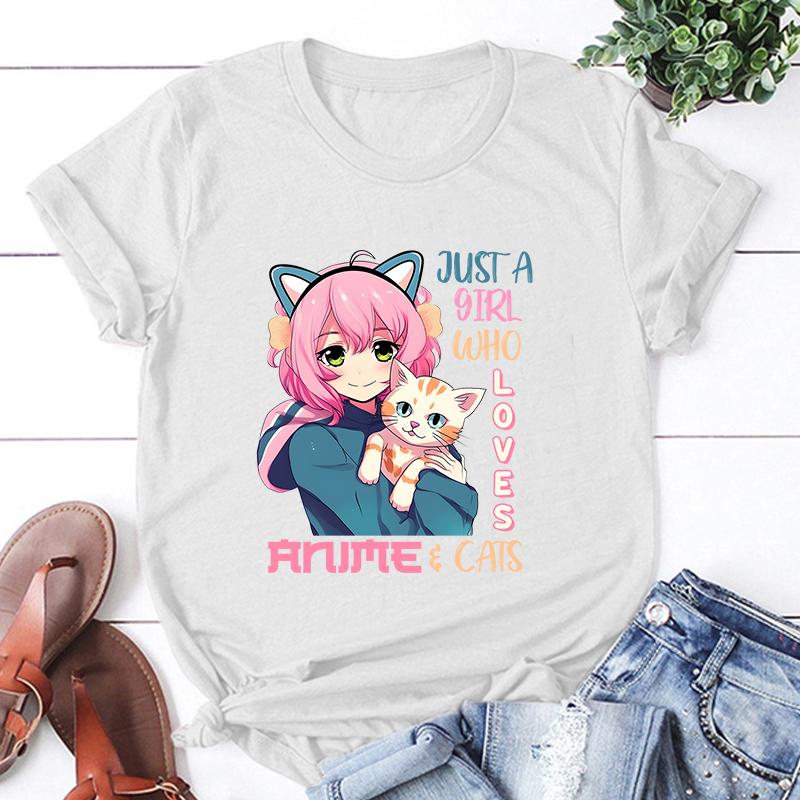 New Hot Just A Girl Who Loves Anime Cats Printed T-Shirts Women Unisex Casual Loose Round Neck Creative Personalized T-Shirt