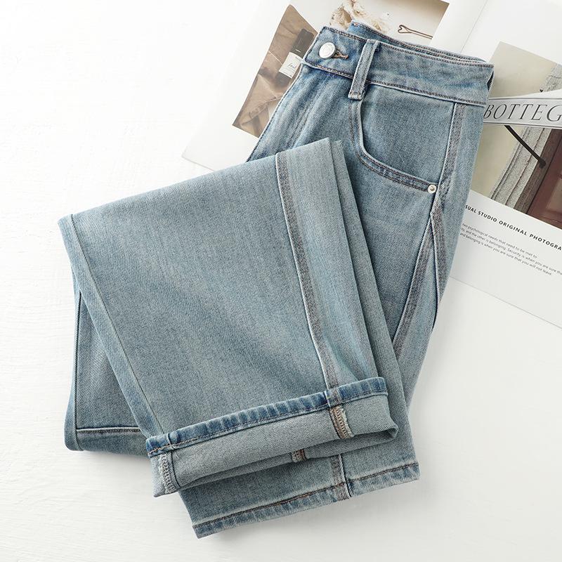 Women's Light Blue Extra-Long Curved Straight-Leg Jeans - 2025 Spring/Autumn Loose Wide-Leg Style