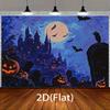 Horror Halloween Background Cloth - Gothic Castle  Full Moon  Flying Bat  Jack Pumpkin Lantern - No Electricity Required