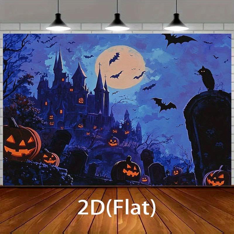 Horror Halloween Background Cloth - Gothic Castle  Full Moon  Flying Bat  Jack Pumpkin Lantern - No Electricity Required