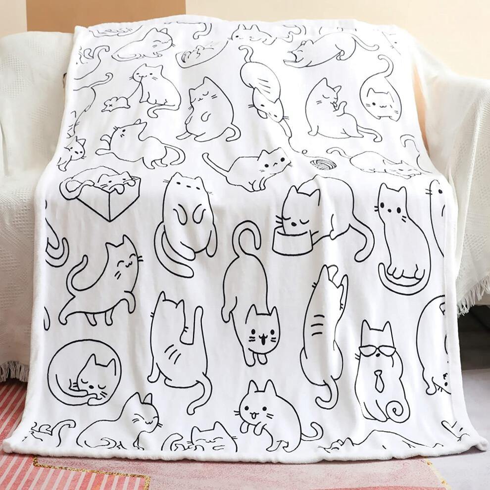 Cat Blanket White Cats Pattern Throw Blankets Cat Gifts for Girls Women and Cat Lover Flannel Soft Cute Presents Blanket with Cats On Them 50x60in