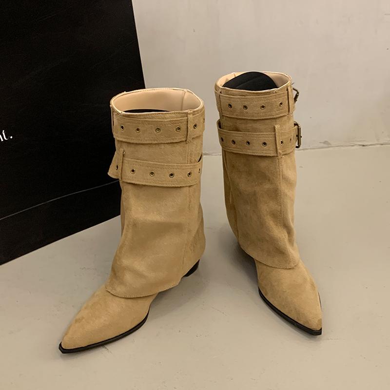 Autumn Winter Hottie Belt Buckle Women Ankle Boots Fashion Pointed Toe Thick Heels Ladies Western Cowboy Booties