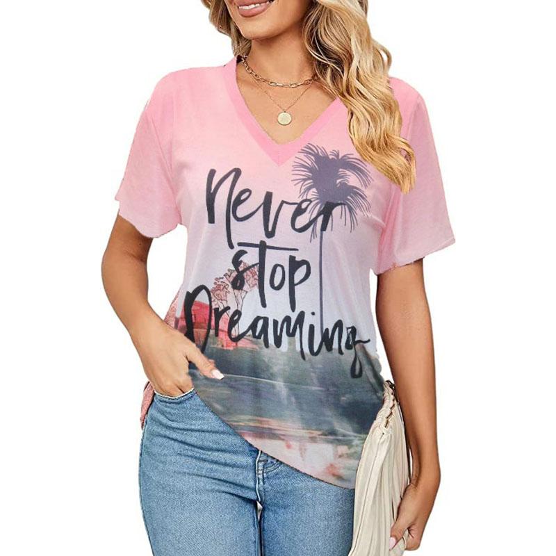Women Summer Casual Beach Printed Loose Pullovers T Shirt Top