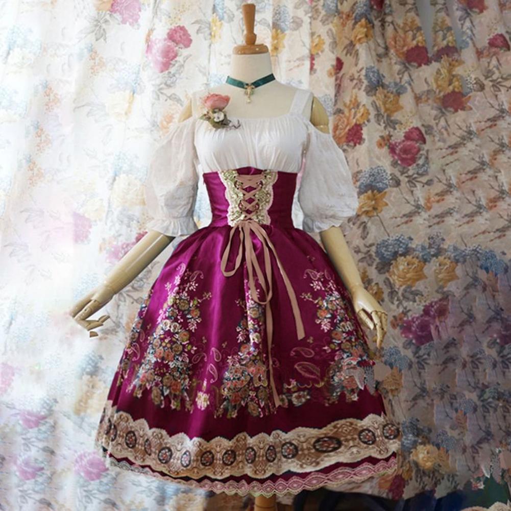 Justerbar stroppkjole Elegant Lolita Princess Style A-linjekjole med blonde blomstertrykk Off Shoulder Design for kvinner
