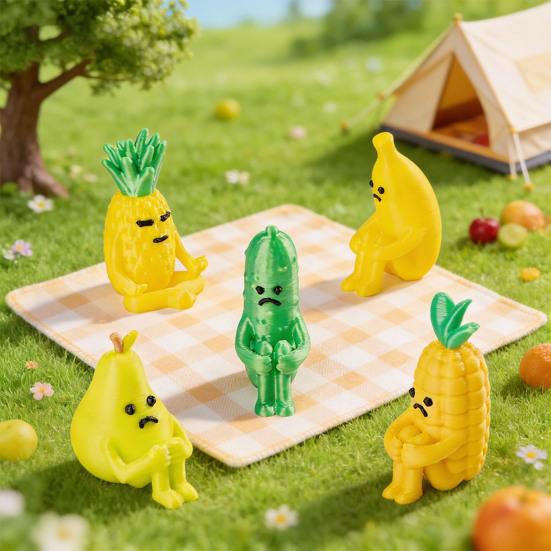 Mini Resin Fruit Figurine Fake Banana Pineapple Cucumber Pear Cone Fruit Model with Cute Grievance Expression for Micro Fairy Garden Accessory