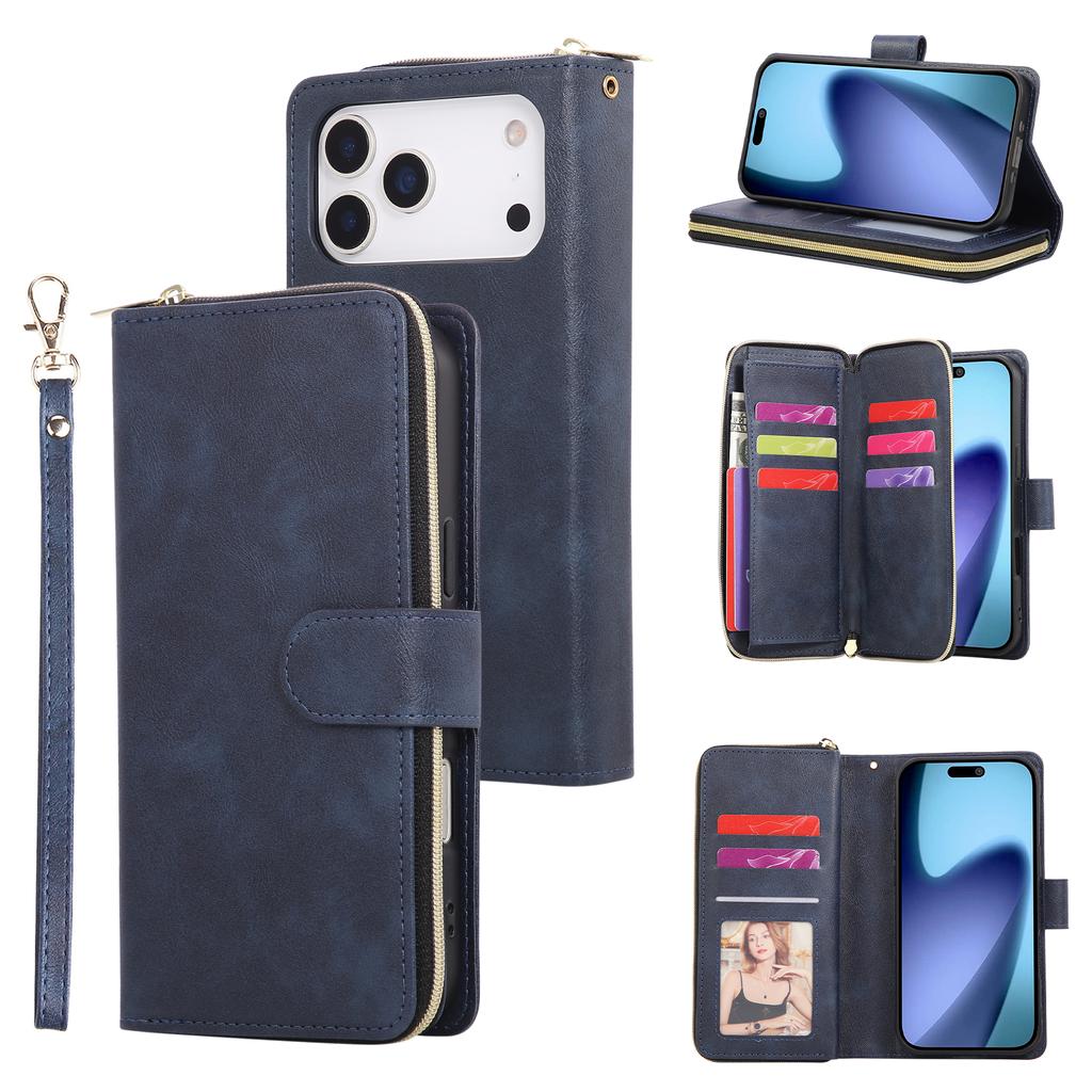 For iPhone 17 Pro Max Case Zipper Pocket 9 Card Slots PU Leather Phone Cover with Hand Strap