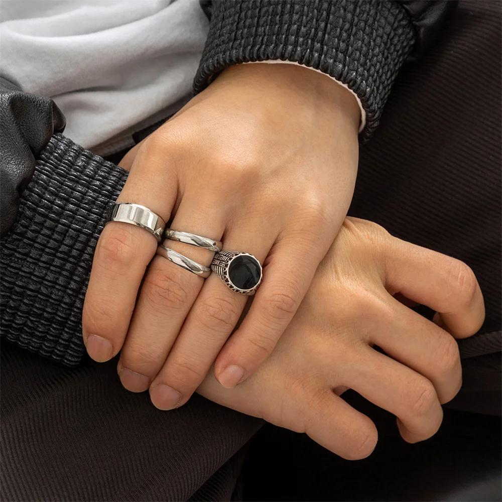 Punk Geometric Round Ring Set For Man Fashion Vintage Simple Titanium Steel 4Pcs Ring Set  Hip Hop Accessories Wholesale