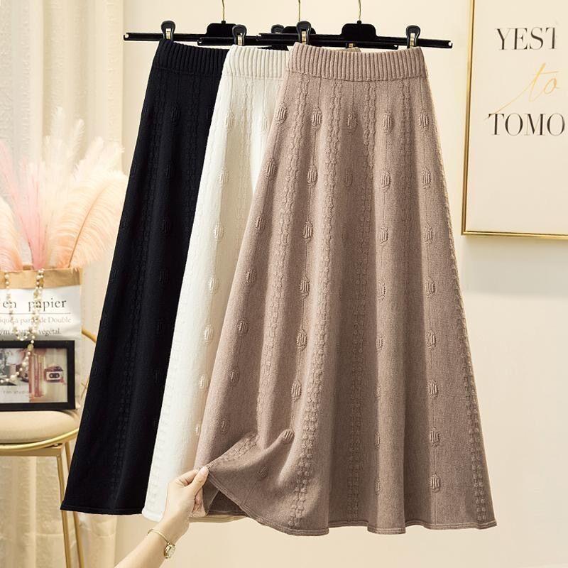 Women's Spring Autumn Winter Knitted Midi Half Skirt High Waist A-Line Umbrella Skirt Wool Flared Long Skirt to Match Sweaters