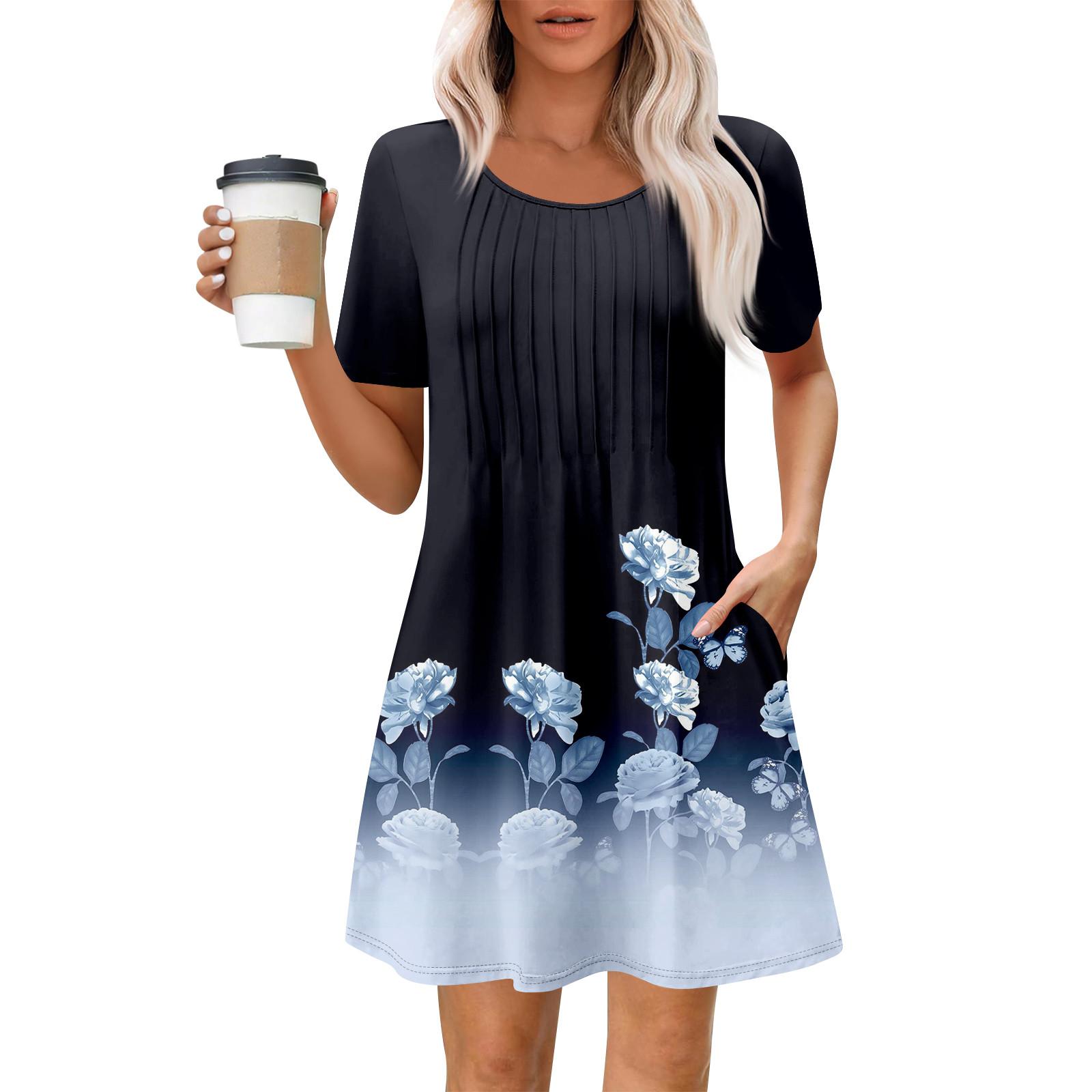 

Женское летнее платье свободного покроя для пляжного отдыха, сарафан с коротким рукавом и круглым вырезом, с карманом, с коротким рукавом, платье-рубашка M синий