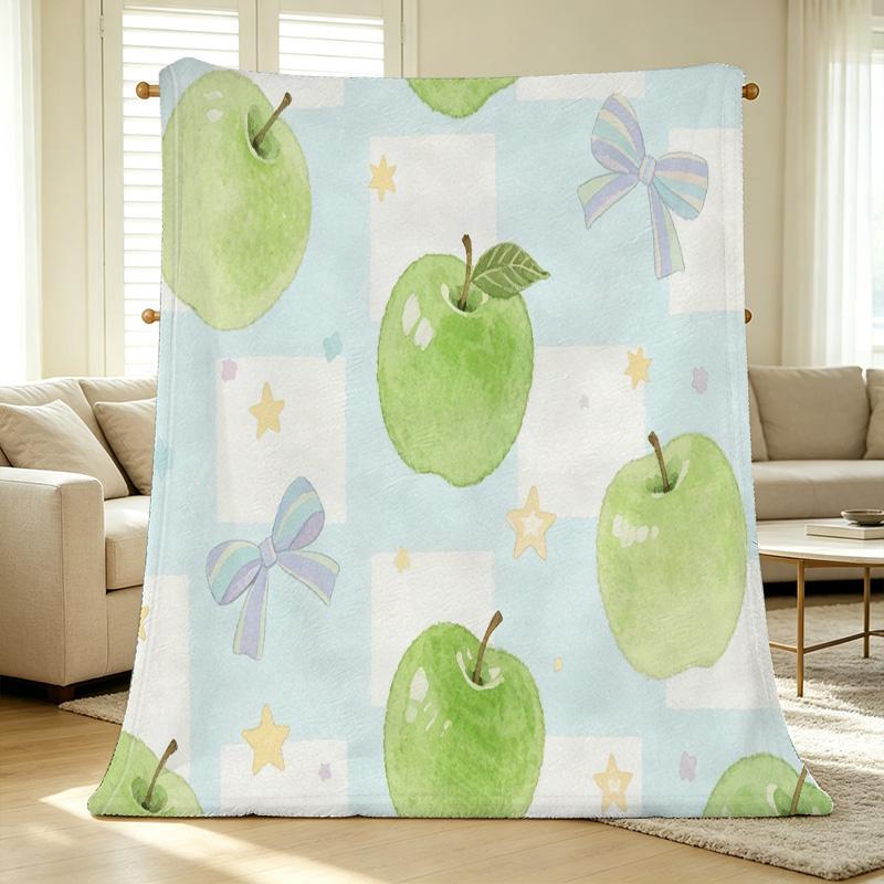 Lightweight Flannel Throw Blanket, Fresh Green Apple Design, Soft & Warm Cozy Cover for Home, Halloween & Christmas Use.