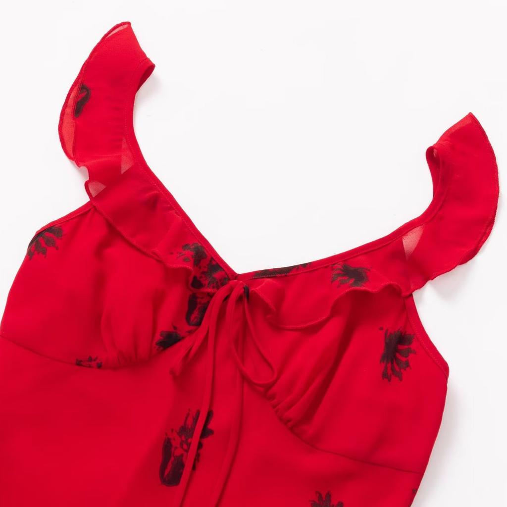 Early spring new French retro elegant slim-fit red printed fungus edge slim-fit suspender dress long dress