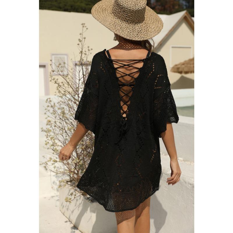 Women's Sexy Backless Strapless Hollowed Out Cover Up Loose Beach Dress