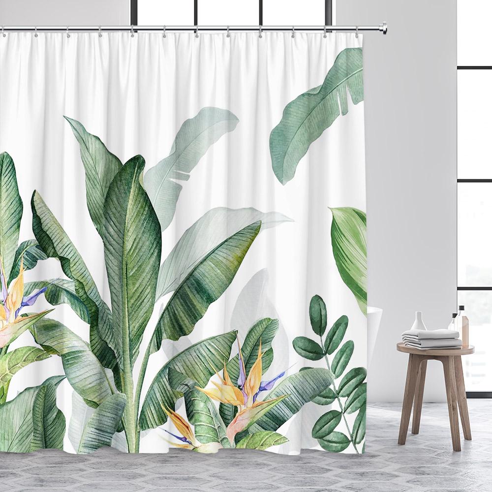 Tropical Plant Leaves Shower Curtain Hummingbird Palm Leaf Monstera Butterfly Watercolour Art Fabric Home Decor Bathroom Curtain