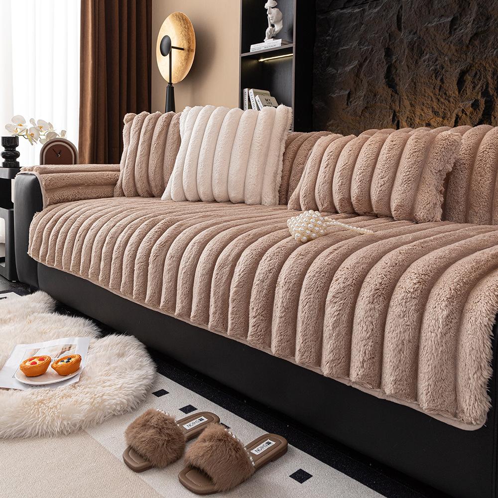 Stroking Cats Feel Camel Plush Sofa Cushion Winter Non-Slip Thickened Seat Cushion All-Inclusive Simple Modern Nordic Sofa Cover Cloth