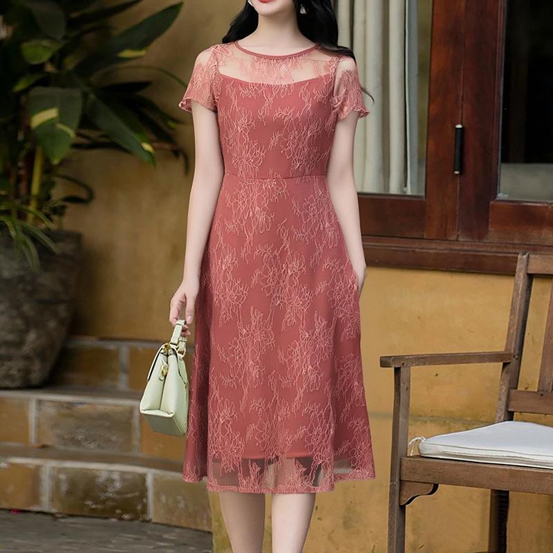 ZANZEA Women Casual Round Neck Summer Short Sleeve Lace Dress