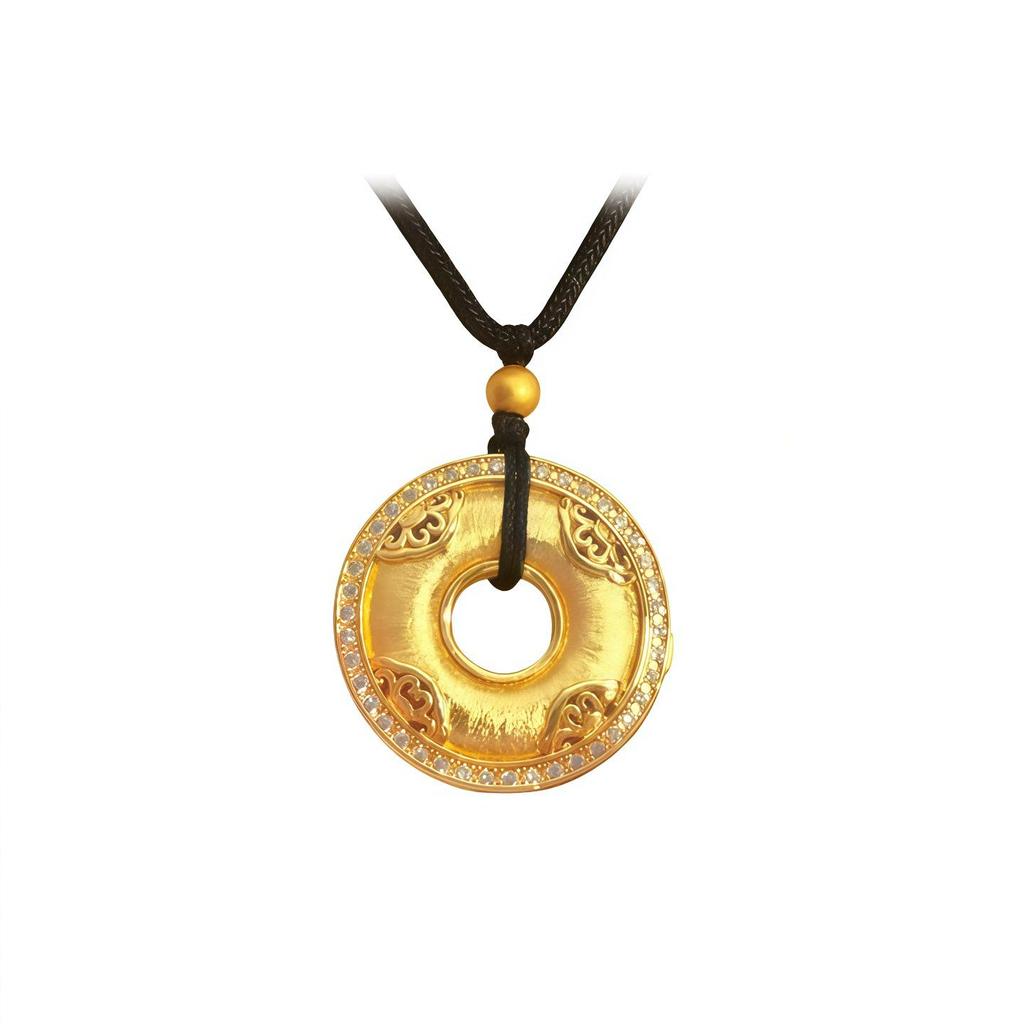 Chinese-Style Gold-Plated Peace Buckle Pendant Necklace with Rhinestones & Black Cord