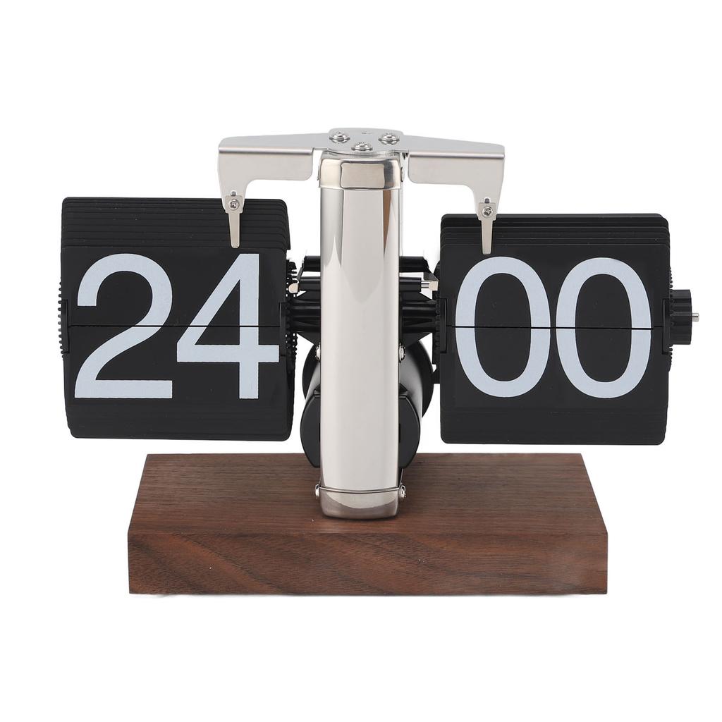 Flip Desk Clock Auto Mechanical Flip 24H Wood Base Stainless Steel Vintage Retro Digital Table Clock for Home Office
