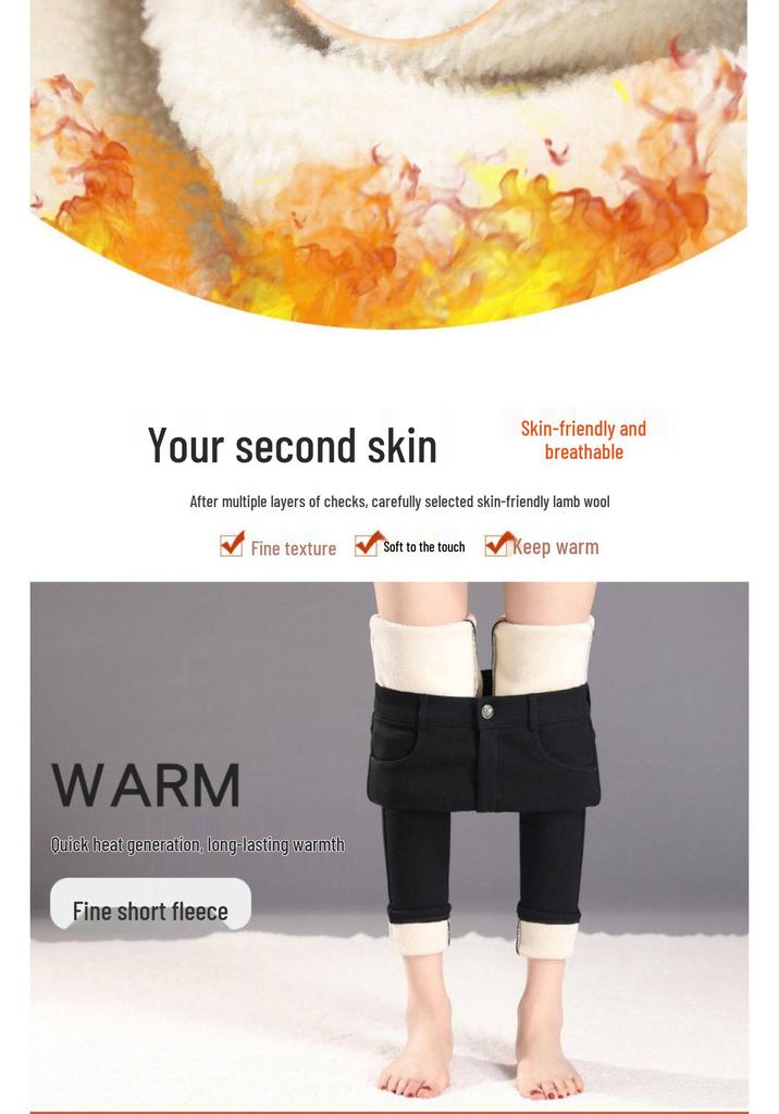 Women's Winter 2025 High-Waisted Thick Cotton Black Lambswool Pants