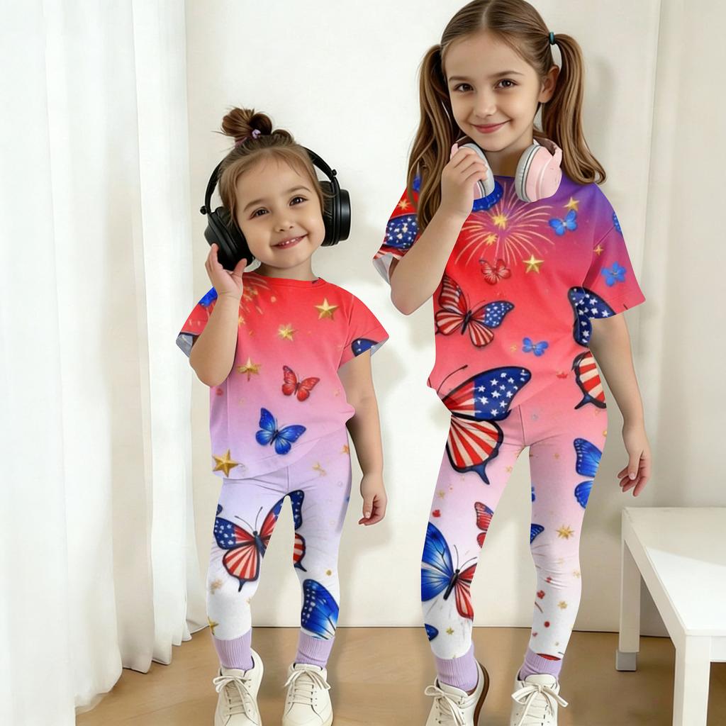 Jungen und Mädchen Unabhängigkeitstag Druck Set Kinder Freizeit Kurzarm Oberteil und Lange Hosen Set