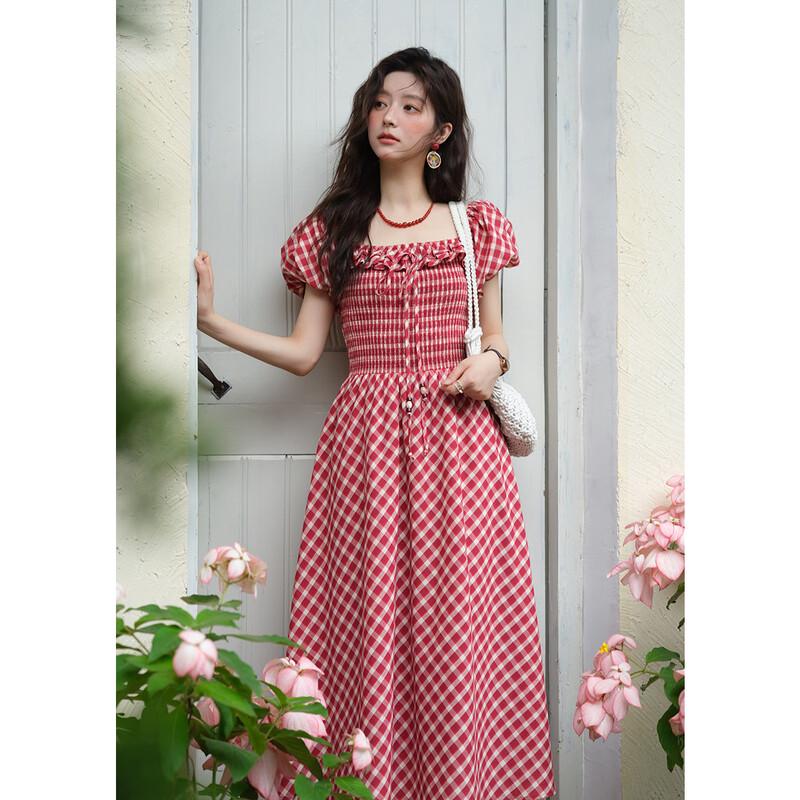 French Retro Red Plaid Midi Dress